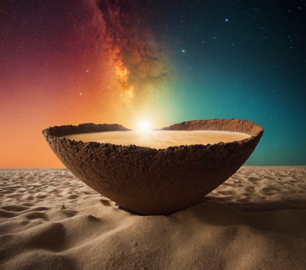 Surreal Cosmic Desert Art Print – Galaxy Sky Photography, Fantasy Landscape Artwork, Mystical Bowl of Light Illustration