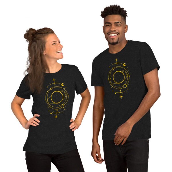 Golden Orbital Cosmos T-Shirt | Minimalist Astral Planet Line Art Design